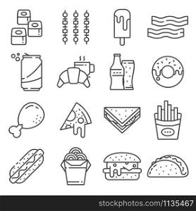 Set of Fast Food Vector Line Icons. Contains such Icons as Pizza, Tacos and more. Set of Fast Food Vector Line Icons. Contains such Icons as Pizza,