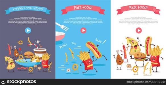 Set of fast food web banners. Funny cartoon characters. Vertical flat illustrations with traditional junk food and play button for restaurant online services, video presentation, corporate animation . Set of Fast Food Flat Style Vector Web Banners . Set of Fast Food Flat Style Vector Web Banners