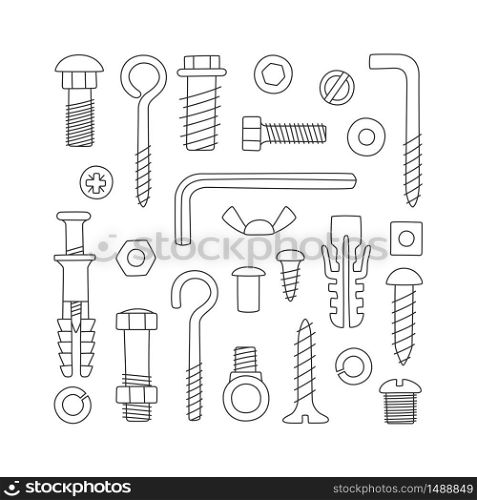 Set of fasteners. Bolts, screws, nuts, dowels and rivets in doodle style. Hand drawn building material. Vector illustration on white background. Set of fasteners. Bolts, screws, nuts, dowels and rivets in doodle style. Hand drawn building material.