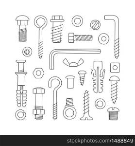 Set of fasteners. Bolts, screws, nuts, dowels and rivets in doodle style. Hand drawn building material. Vector illustration on white background. Set of fasteners. Bolts, screws, nuts, dowels and rivets in doodle style. Hand drawn building material.