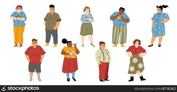 Set of fat people, body positive, unhealthy eating, bad habits concept. Overweight people with fast food addiction, characters obesity, plus size fashion, Cartoon linear flat vector illustration. Set of fat people, body positive, unhealthy eating