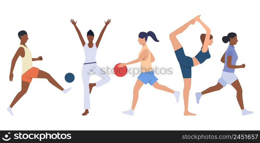 Set of female and male busy with different activities. Bundle of men and women training outdoors. Vector illustration can be used for motivational video, sport, promo. Set of female and male busy with different activities