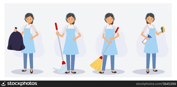 Set of female cleaner in various action,sweeping,mopping,dusting,trash bag. Flat vector 2D cartoon character illustration.
