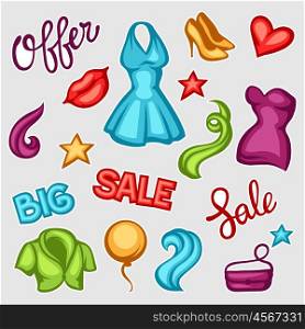 Set of female clothing and accessories. Big sale tags. Set of female clothing and accessories. Big sale tags.
