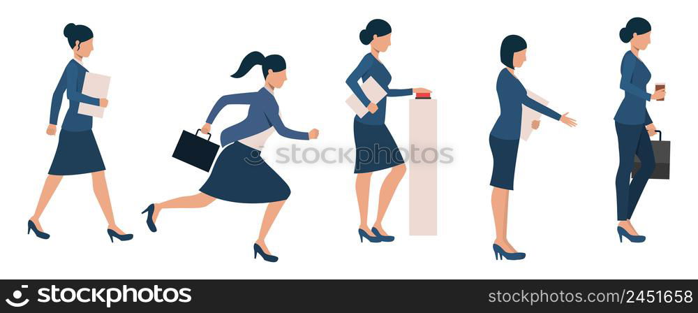 Set of female entrepreneurs busy with different activities. Bundle of businesswoman building career. Vector illustration can be used for motivational video, commercial, promo. Set of female entrepreneurs busy with different activities