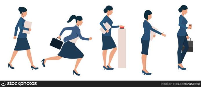 Set of female entrepreneurs busy with different activities. Bundle of businesswoman building career. Vector illustration can be used for motivational video, commercial, promo. Set of female entrepreneurs busy with different activities