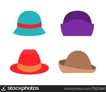 Set of female hats summer spring autumn mode collection vector illustration isolated on white. Headwear items for women, stylish caps modern accessories. Set of Female Hats Summer Spring Autumn Mode Icons