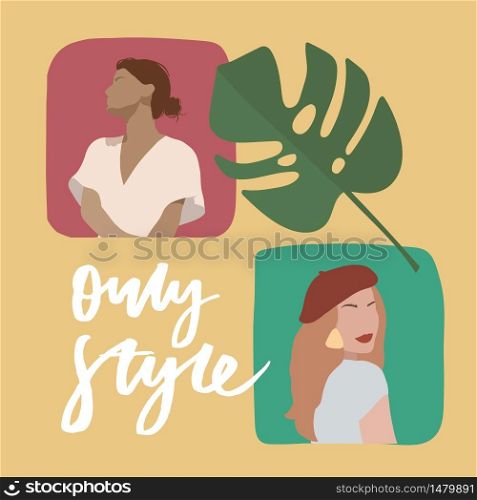 Set of female portraits with doodle objects. Paper cut mosaic style. Hand drawn vector abstract hairstyle abstract illustration. Flat. Set of female portraits with doodle objects. Paper cut mosaic style. Hand drawn vector abstract hairstyle abstract illustration. Flat design.