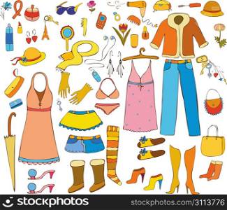 Set of female things and subjects on a white background