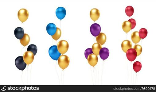 Set of festive bouquets of gold, blue, red, black and purple balloons isolated on white background. Vector illustration EPS10. Set of festive bouquets of gold, blue, red, black and purple balloons isolated on white background. Vector illustration