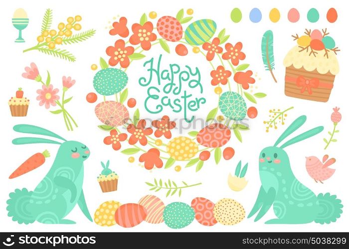 Set of Festive Decorations for Happy Easter. Congratulatory inscription, painted eggs, flower wreath, easter cupcakes and other elements.. Set of Festive Decorations for Happy Easter. Congratulatory inscription, painted eggs, flower wreath, easter cupcakes and other elements. Vector illustration.