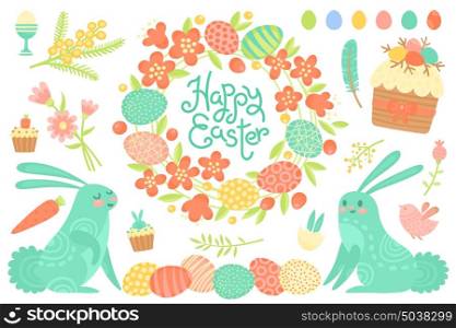 Set of Festive Decorations for Happy Easter. Congratulatory inscription, painted eggs, flower wreath, easter cupcakes and other elements.. Set of Festive Decorations for Happy Easter. Congratulatory inscription, painted eggs, flower wreath, easter cupcakes and other elements. Vector illustration.