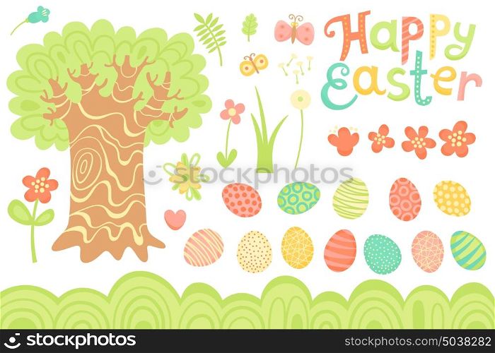 Set of Festive Decorations for Happy Easter. Congratulatory inscription, painted eggs, large tree, flowers and other elements.. Set of Festive Decorations for Happy Easter. Congratulatory inscription, painted eggs, large tree, flowers and other elements. Vector illustration.