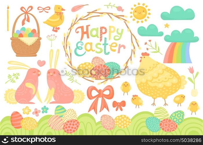 Set of Festive Decorations for Happy Easter. Congratulatory inscription, painted eggs, willow wreath, rabbits, chicken, basket and other elements. Set of Festive Decorations for Happy Easter. Congratulatory inscription, painted eggs, willow wreath, rabbits, chicken, basket and other elements. Vector illustration.