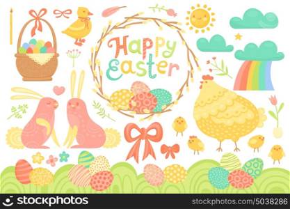 Set of Festive Decorations for Happy Easter. Congratulatory inscription, painted eggs, willow wreath, rabbits, chicken, basket and other elements. Set of Festive Decorations for Happy Easter. Congratulatory inscription, painted eggs, willow wreath, rabbits, chicken, basket and other elements. Vector illustration.