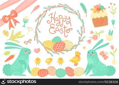 Set of Festive Decorations for Happy Easter. Congratulatory inscription, painted eggs, willow wreath, rabbits, easter cupcakes and other elements. Set of Festive Decorations for Happy Easter. Congratulatory inscription, painted eggs, willow wreath, rabbits, easter cupcakes and other elements. Vector illustration.