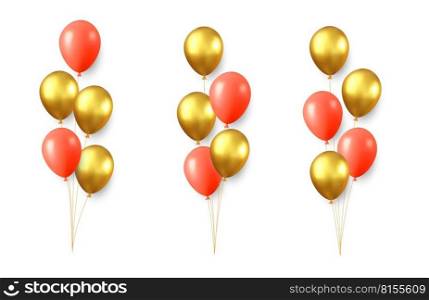 Set of festive gold, red balloons isolated on white background. Color glossy flying baloon, ribbon, birthday celebrate, surprise. 3d rendering. Vector illustration. Set of festive gold, red, balloons
