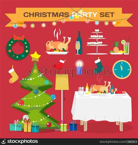 Set of festive items for Christmas and New Year. Christmas tree, table, food, gifts. Flat cartoon vector illustration