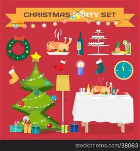 Set of festive items for Christmas and New Year. Christmas tree, table, food, gifts. Flat cartoon vector illustration
