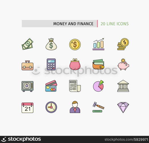 Set of financial service items, banking accounting tools, stock market global trading and money objects and elements. Flat thin line icons modern design style