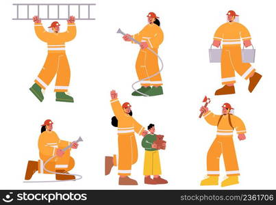 Set of fire fighters male and female characters in uniform holding ladder, water hose, buckets and axe. Group of firemen team working, fighting with blaze, save kid. Linear people vector illustration. Set of fire fighters male and female characters