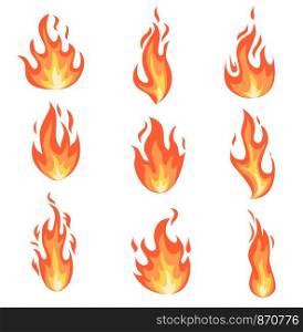 Set of fire flames. Collection of yellow, red and orange hot flaming element. Group of isolated cartoon style templates for game design, web, advertise, animation. Vector illustration.. Set fire flames.
