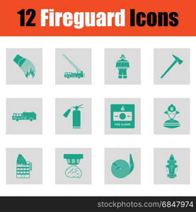 Set of fire service icons. Green on gray design. Vector illustration.