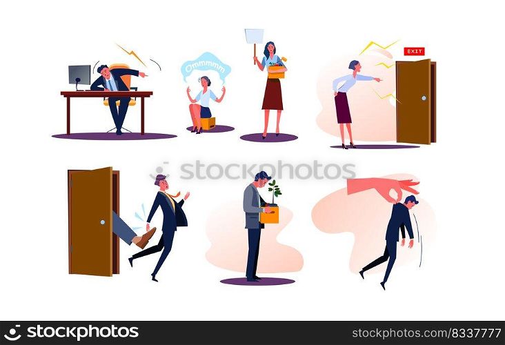 Set of fired business men and women employees with boxes. Angry bosses firing and shouting at workers dismissed from job. Upset people being kicked out of work. Unemployment flat vector illustration