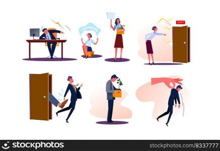 Set of fired business men and women employees with boxes. Angry bosses firing and shouting at workers dismissed from job. Upset people being kicked out of work. Unemployment flat vector illustration