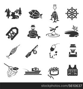 Set of fish fisher hobby leisure icons in black gray color isolated on white vector illustration