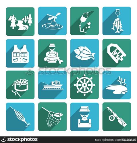 Set of fish fisher hobby leisure white icons on blue and green squares isolated on white vector illustration