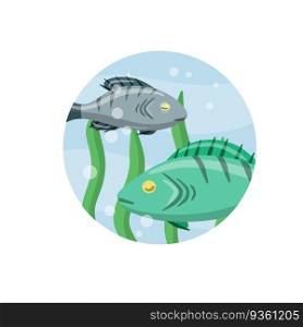 Set of fish. River animal with scales, fins and tail. Underwater life. Water with algae. Wildlife icon in circle. Element of fishing. Cartoon flat illustration. Set of fish. River animal with scales