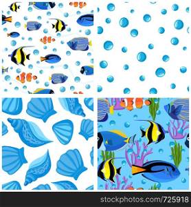 Set of Fish underwater with bubbles and shells. Undersea seamless pattern. Kids background. Pattern of fish for textile fabric or book covers, wallpapers, design, graphic art, wrapping. Set of Fish underwater with bubbles. Undersea seamless pattern.