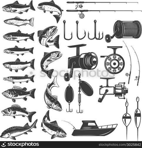 Set of fishing icons. Fish icons, fishing rods. Design element for logo, label, emblem, sign. Vector illustration