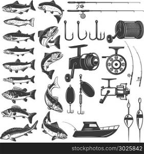 Set of fishing icons. Fish icons, fishing rods. Design element for logo, label, emblem, sign. Vector illustration