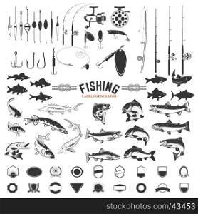 set of Fishing labels design elements. Rods and fish icons. Design elements for logo, label, emblem, sign, badge. Vector illustration.