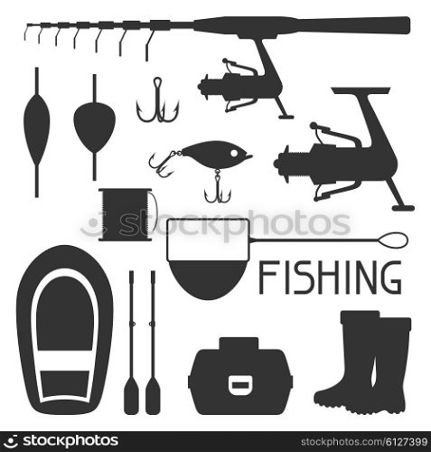 Set of fishing supplies.Objects for decoration, design on advertising booklets, banners, flayers.