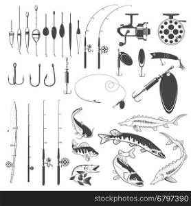 Set of fishing tools, river fish icons, equipment for fishing. Design element for logo, label, emblem, sign, badge, flyer. Vector illustration.