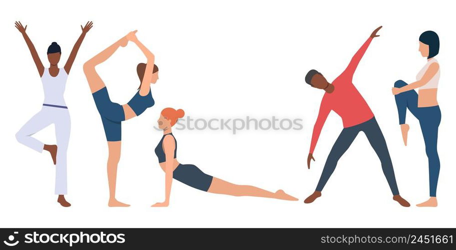 Set of fitness instructor practicing yoga. Flexible young people strengthening body. Vector illustration for body conscious, presentation, promo. Set of fitness instructor practicing yoga