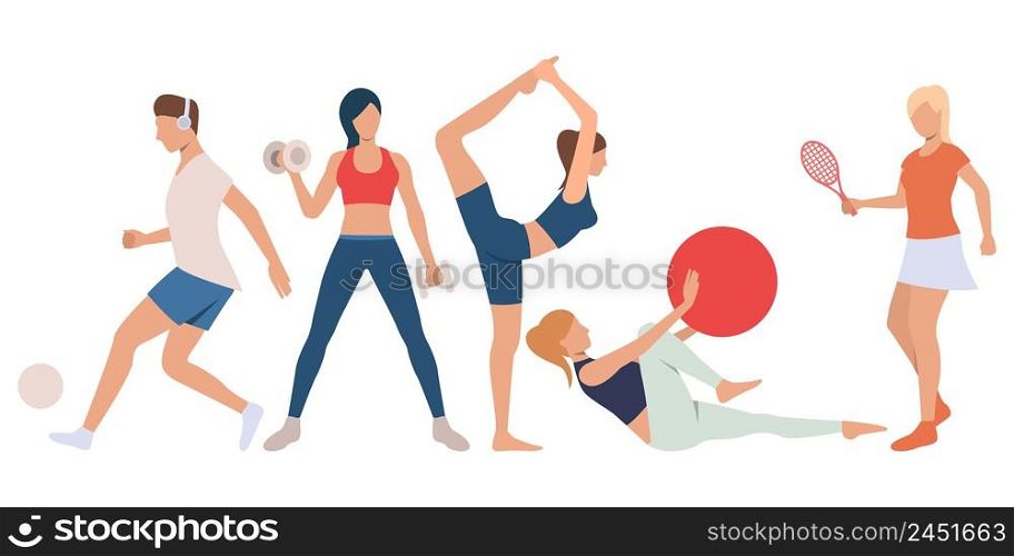 Set of fitness people at training. Group of flat cartoon characters exercising in gym an outdoors. Vector illustration can be used for presentation, motivation, podcast cover. Set of fitness people at training
