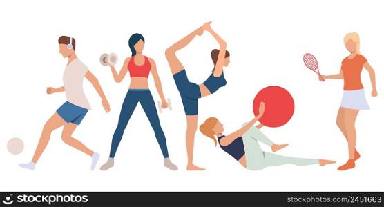 Set of fitness people at training. Group of flat cartoon characters exercising in gym an outdoors. Vector illustration can be used for presentation, motivation, podcast cover. Set of fitness people at training