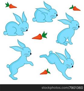 Set of five blue Easter Bunnies with carrots isolated over white background, vector illustration
