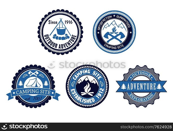 Set of five circular blue Outdoor Adventure and Camping emblems or labels with various text decorated with a tent, cooking fire, axes, mountains and ribbon banners. Set of Outdoor Adventure and Camping emblems