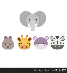 Set of five cute flat animals - elephant, quokka, giraffe, hippo, zebra. vector illustration
