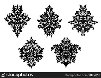 Set of five different foliate arabesque patterns in black and white with acanthus leaf motifs suitable for damask textile and print elements