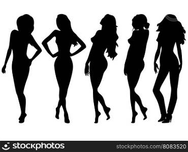 Set of five female black vector silhouettes, hand drawing illustrations isolated on the white background