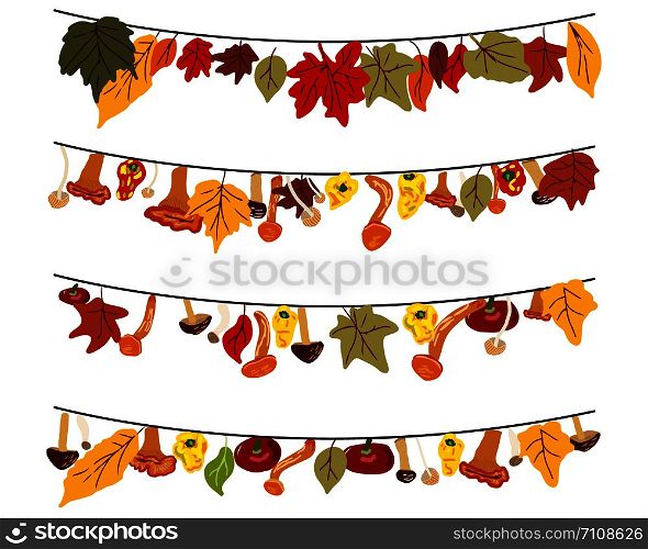 Set of five garlands with autumn leaves, mushrooms and vegetables. Flat cartoon style. Vector illustration.. Set of five garlands with autumn leaves, mushrooms and vegetables.