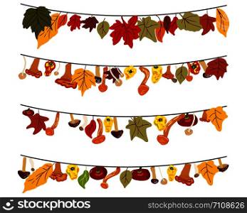 Set of five garlands with autumn leaves, mushrooms and vegetables. Flat cartoon style. Vector illustration.. Set of five garlands with autumn leaves, mushrooms and vegetables.