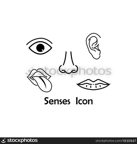 Set of five human senses: sight, smell, hearing, touch, taste. Simple line icons.