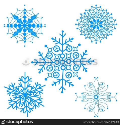 Set of five isolated snowflakes, vector illustration